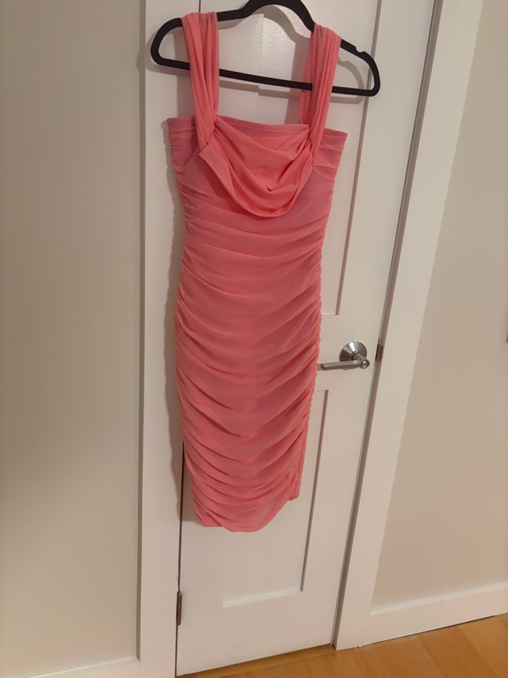 Fashion Nova Coral Pink Ruched Cowl Midi Dress